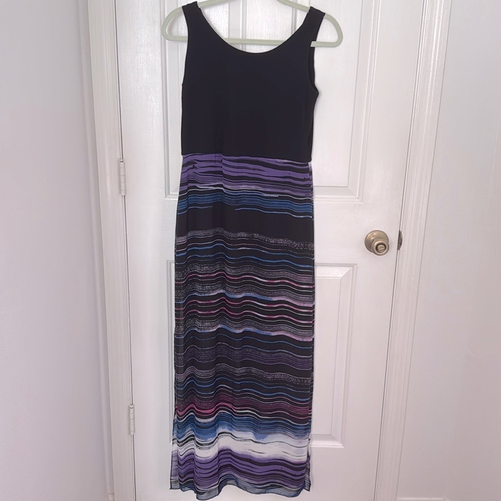 Vince Camuto Black Maxi Dress with Purple and Blue Wave Stripes